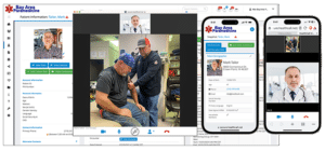 Healthcall's Telehealth on a desktop screen, and two phones