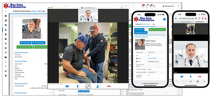 Healthcall's Telehealth on a desktop screen, and two phones